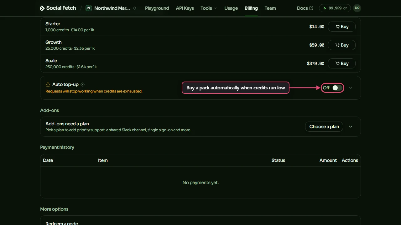 The Billing page scrolled to Auto top-up, which is switched off with the warning Requests will stop working when credits are exhausted. The switch is labelled Buy a pack automatically when credits run low