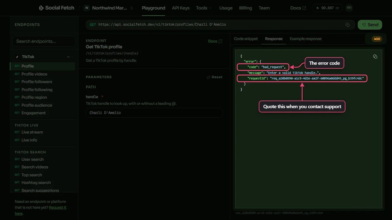 The Playground after sending a TikTok profile request with the handle Charli D'Amelio. The status badge reads 400. In the response, the code line, bad_request, is labelled The error code, and the requestId line is labelled Quote this when you contact support. The message reads Enter a valid TikTok handle.