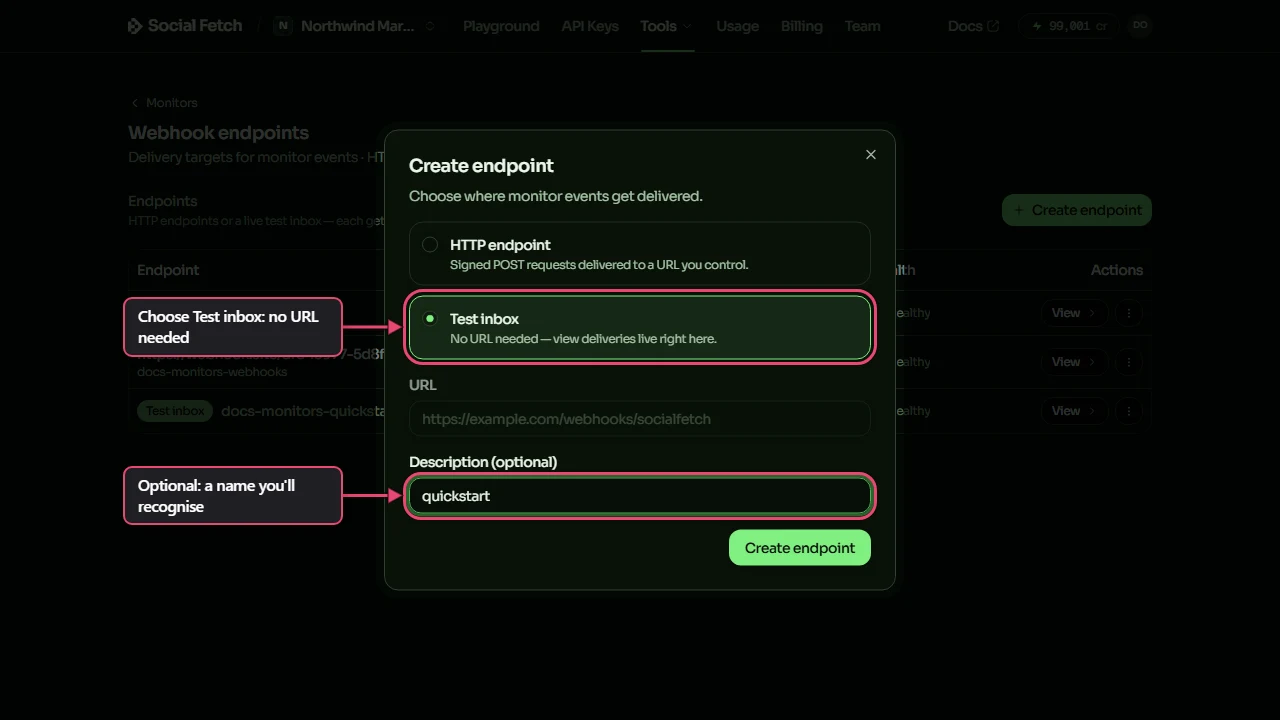 The Create endpoint window with Test inbox selected, labelled Choose Test inbox: no URL needed, and the Description box filled in with quickstart, labelled Optional: a name you'll recognise