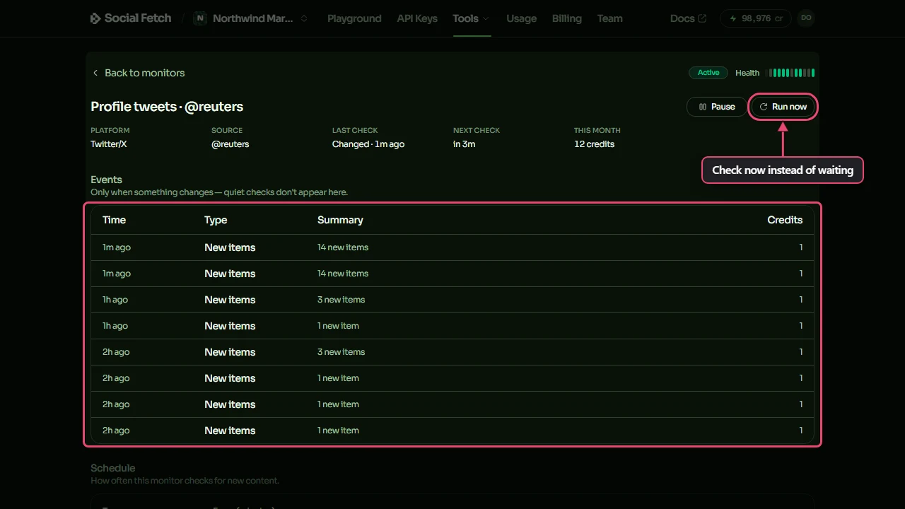 The active Reuters monitor showing Last check, Next check and This month, with Run now labelled Check now instead of waiting and the Events table outlined