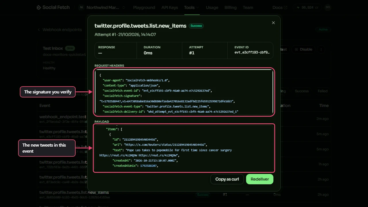 A successful delivery's Request headers, including socialfetch-signature, labelled The signature you verify, and Payload scrolled to the first Reuters tweet's ID, link and text, labelled The new tweets in this event