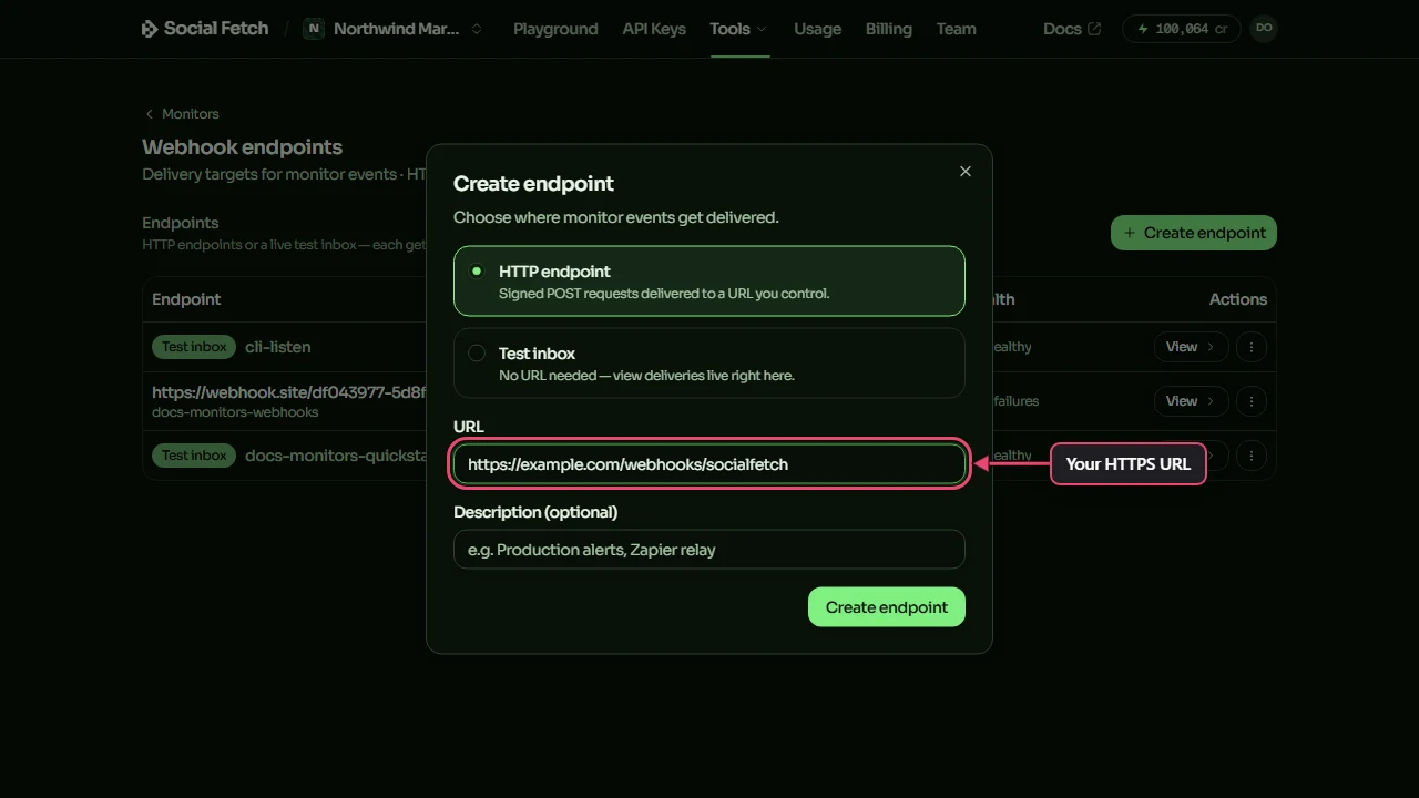 The Create endpoint window on the Webhook endpoints page, with HTTP endpoint selected and a URL typed into the URL field, labelled Your HTTPS URL