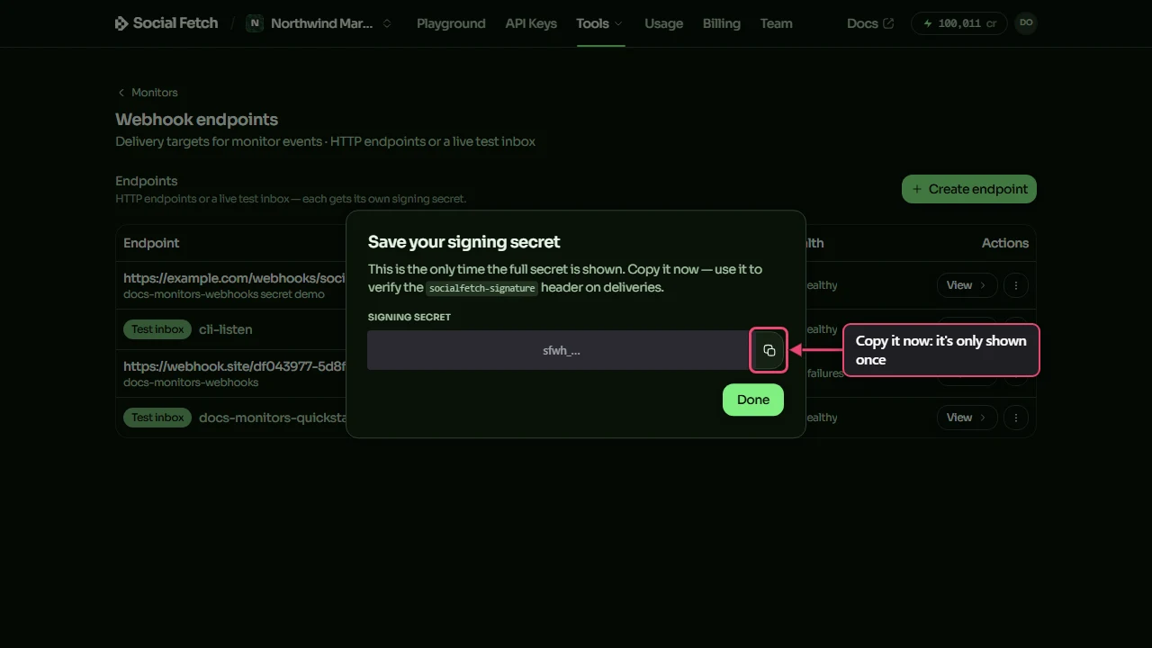 The Save your signing secret window, with the secret covered and the copy button labelled Copy it now: it's only shown once