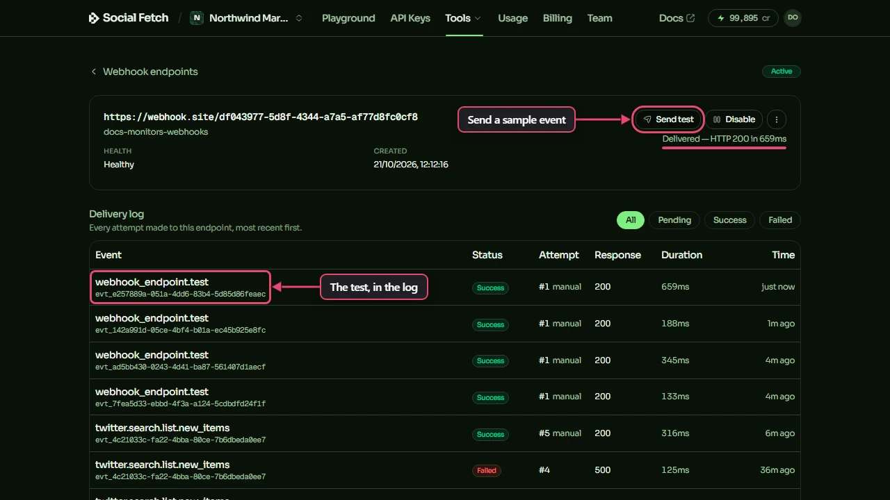 An endpoint's page: the Send test button labelled Send a sample event, its result Delivered — HTTP 200 underlined, and the new webhook_endpoint.test row at the top of the delivery log, Success, labelled The test, in the log