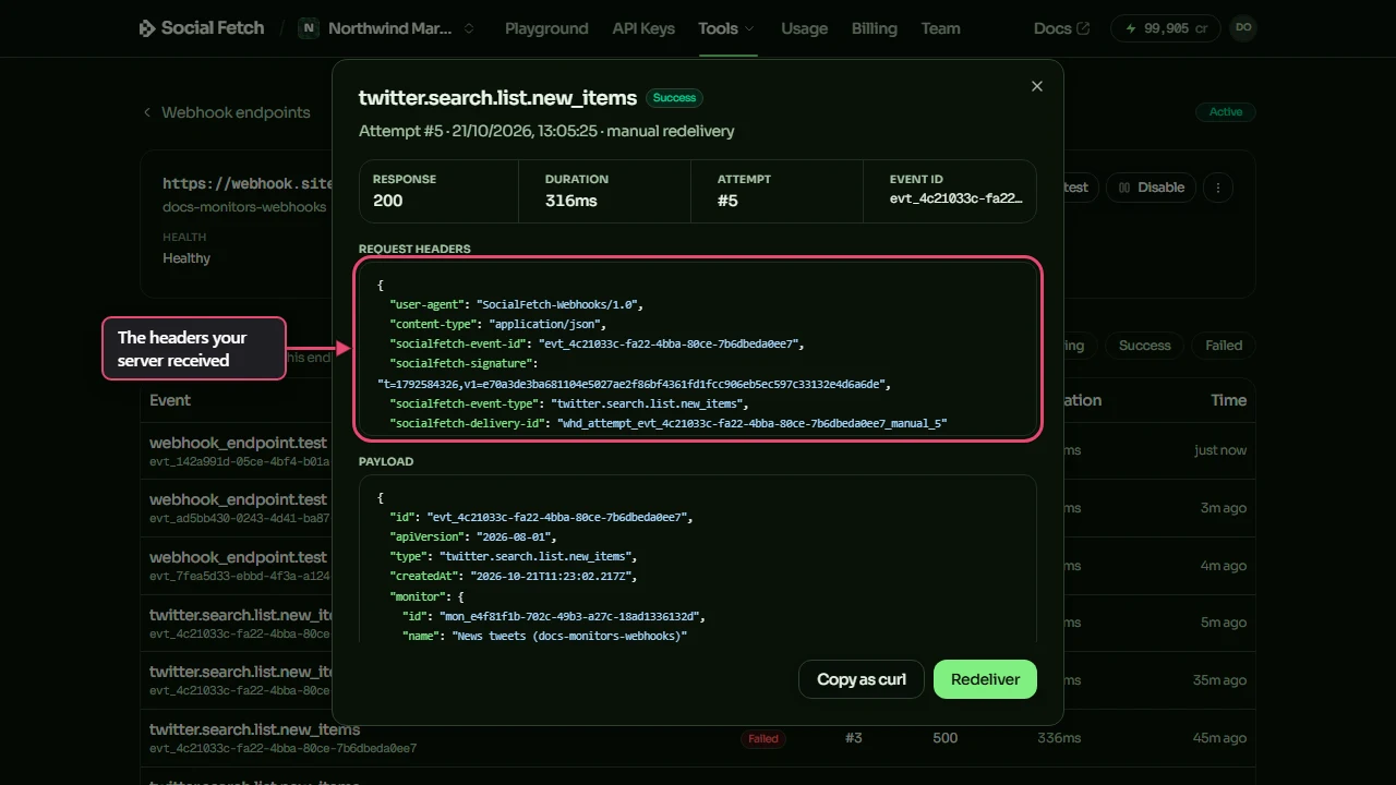 A delivery's details window for a twitter.search.list.new_items event: Response 200, Attempt #5 and the event ID across the top, then the request headers including socialfetch-signature, labelled The headers your server received, and the payload below