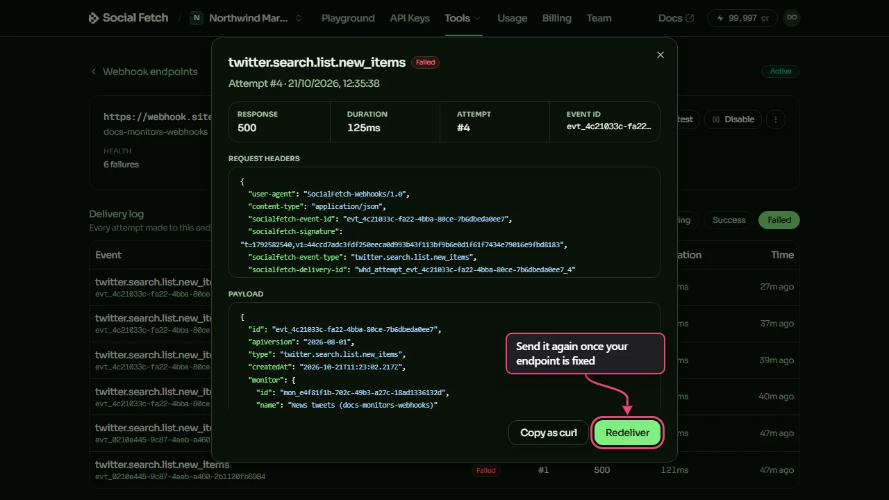 The details window for the event's fourth attempt: Response 500 and Attempt #4, the request headers and payload, and the Redeliver button labelled Send it again once your endpoint is fixed
