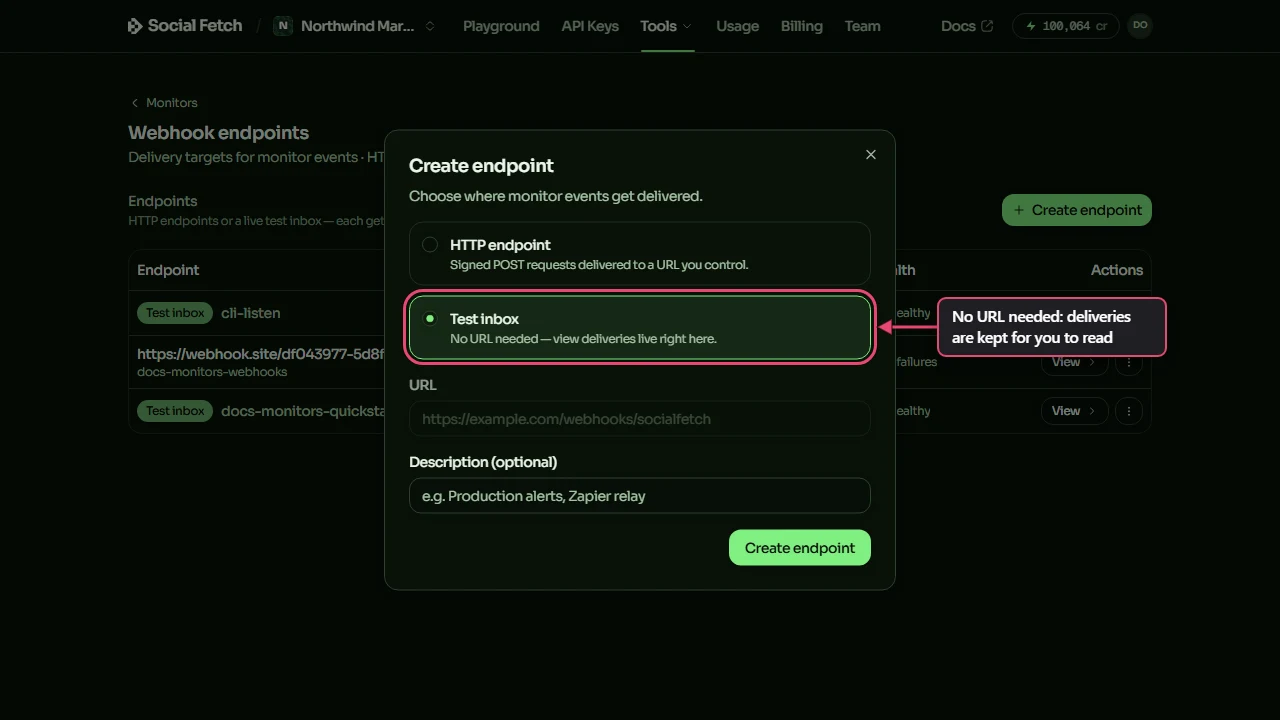 The Create endpoint window with Test inbox selected, labelled No URL needed: deliveries are kept for you to read, and the URL field greyed out