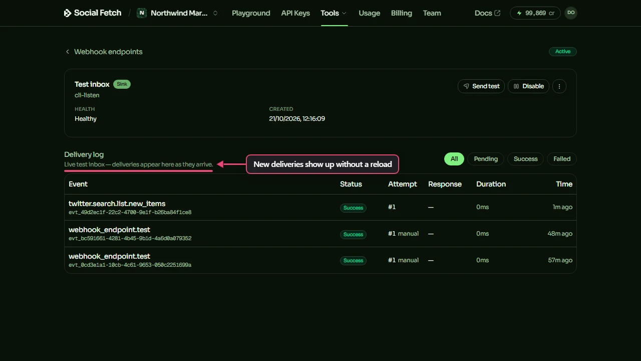 The cli-listen test inbox's page, marked Test inbox and Sink, with its delivery log listing a twitter.search.list.new_items event and two test events, all Success with no response code; the note Live test inbox — deliveries appear here as they arrive is underlined and labelled New deliveries show up without a reload