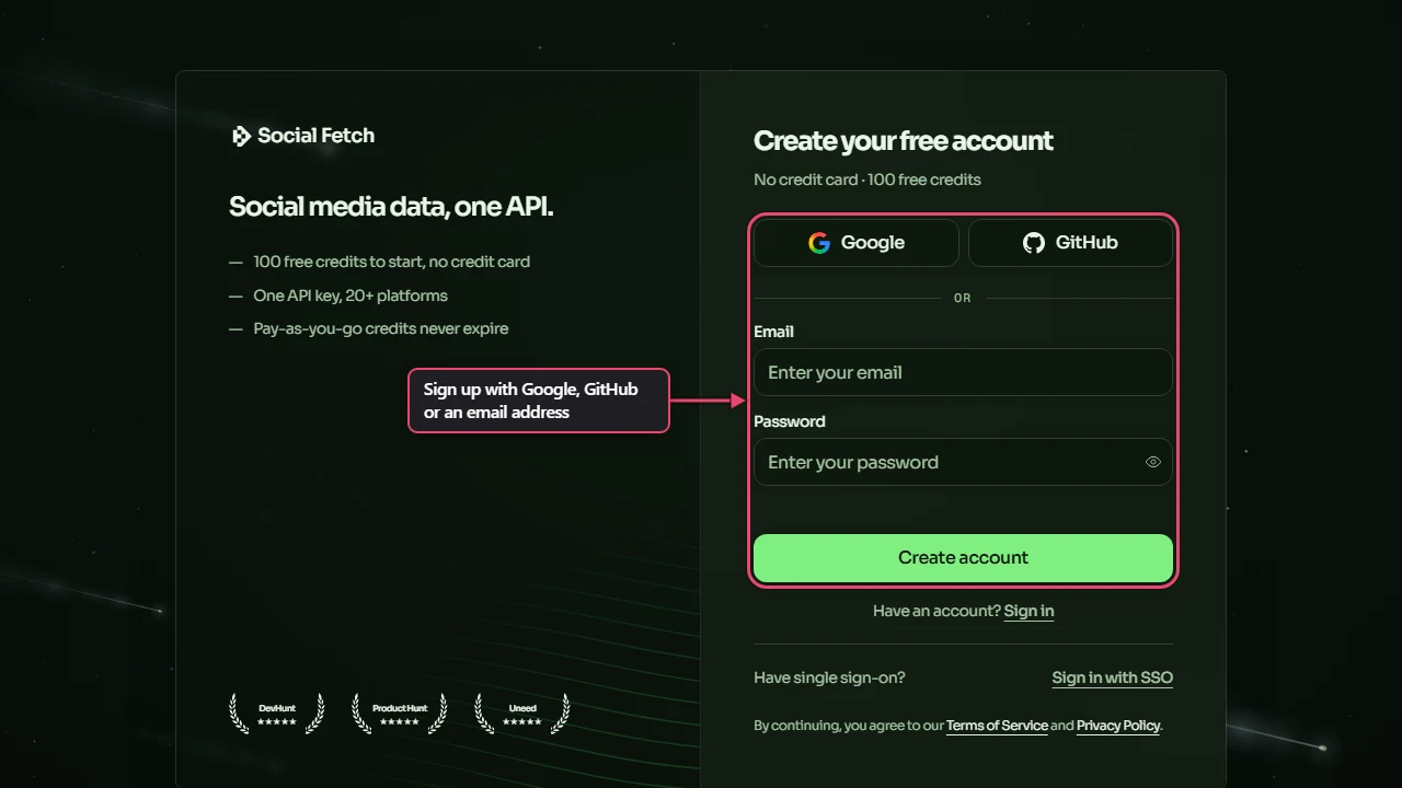 The Social Fetch sign-up page, Create your free account, with the Google and GitHub buttons, the email and password fields and Create account boxed and labelled Sign up with Google, GitHub or an email address