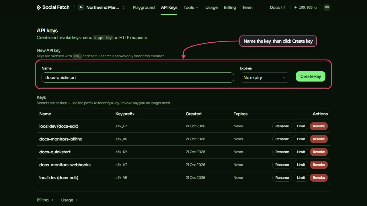 The API keys page with a name typed in the Name box, Expires set to No expiry, and the form with the Create key button boxed and labelled Name the key, then click Create key