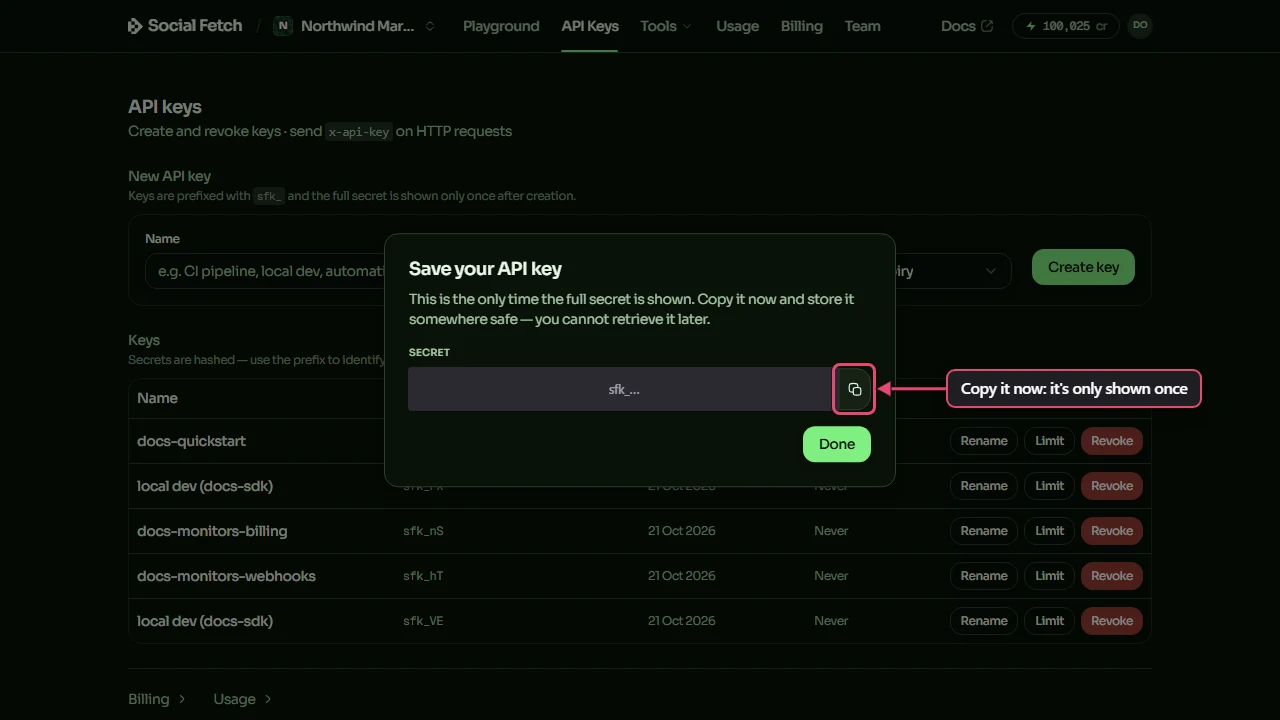 The Save your API key window with the secret covered and the copy button beside it labelled Copy it now: it's only shown once