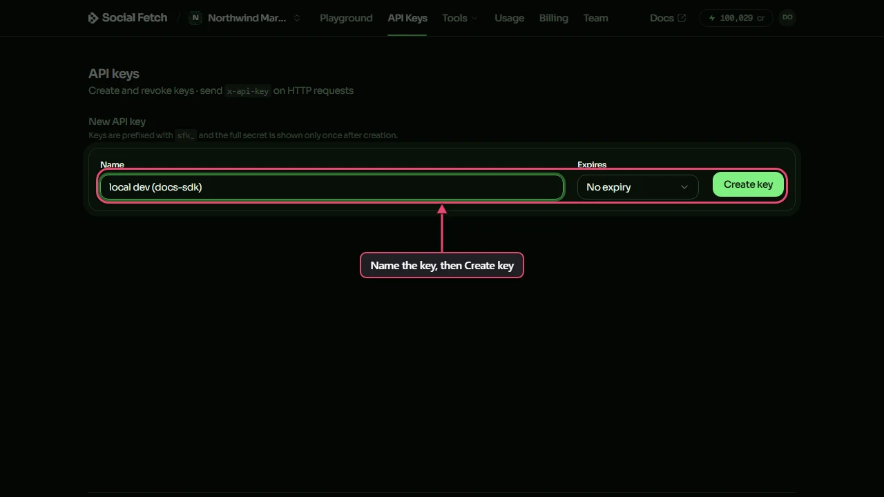 The API Keys page with local dev (docs-sdk) typed in the Name box, and the Name box, Expires and Create key highlighted, labelled Name the key, then Create key