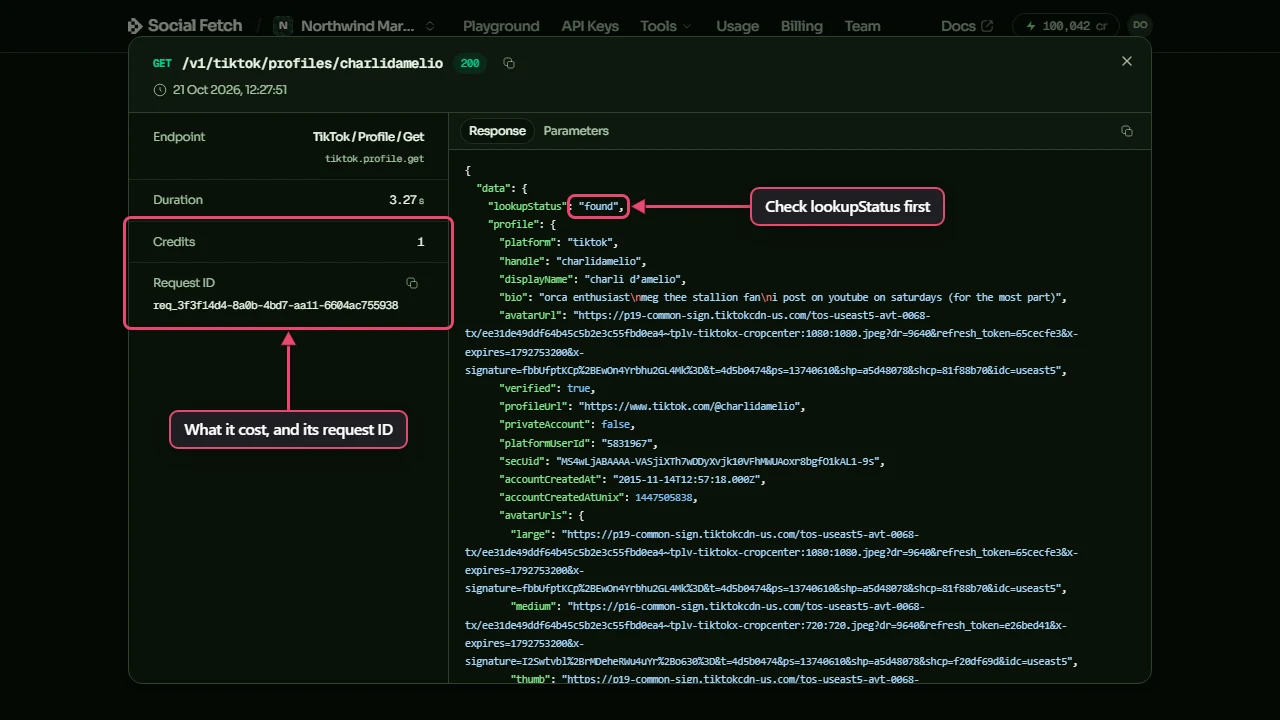 The details of the TikTok profile call: Credits 1 and the request ID boxed and labelled What it cost, and its request ID, and the response's lookupStatus value found labelled Check lookupStatus first
