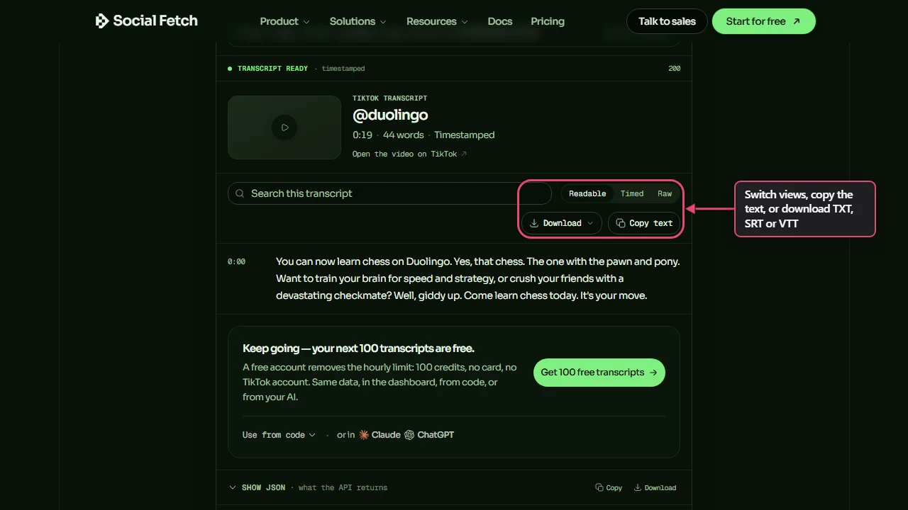 The real free transcript tool showing Duolingo's chess announcement, with Copy text and Download labelled.