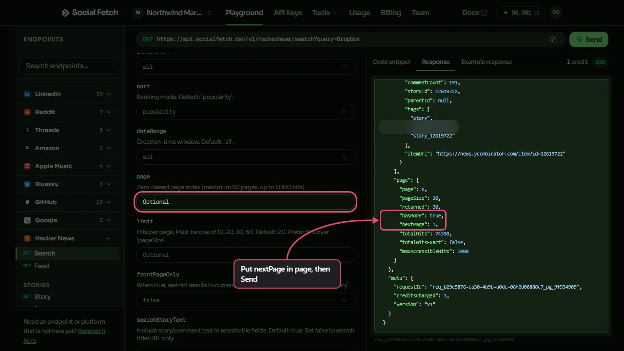 The Playground search response shows hasMore true and nextPage 1. The page input is boxed and labelled as the place to enter nextPage. Ordinary users' details are blurred.