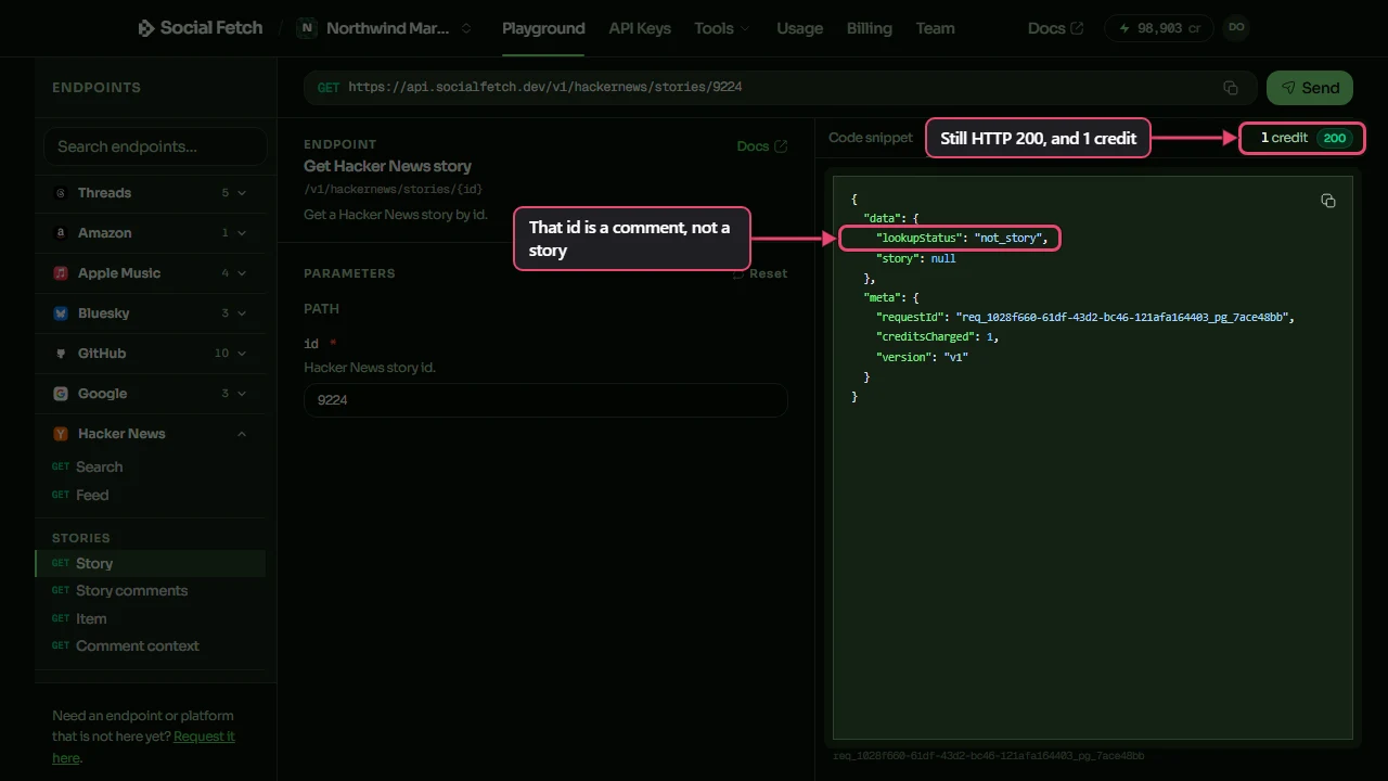A real Playground story lookup using comment ID 9224 returns HTTP 200, a one-credit charge, lookupStatus not_story and story null.