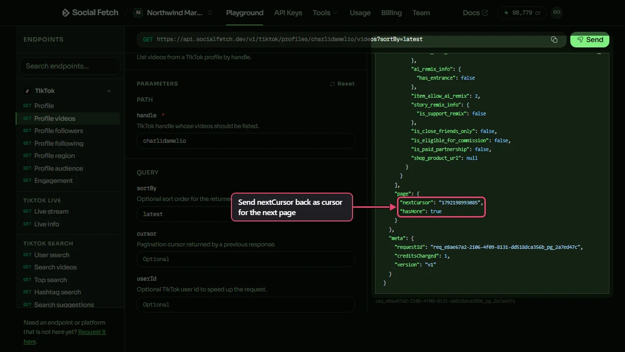 Real Playground profile videos response showing nextCursor and hasMore, annotated with the instruction to send the returned cursor for the next page.