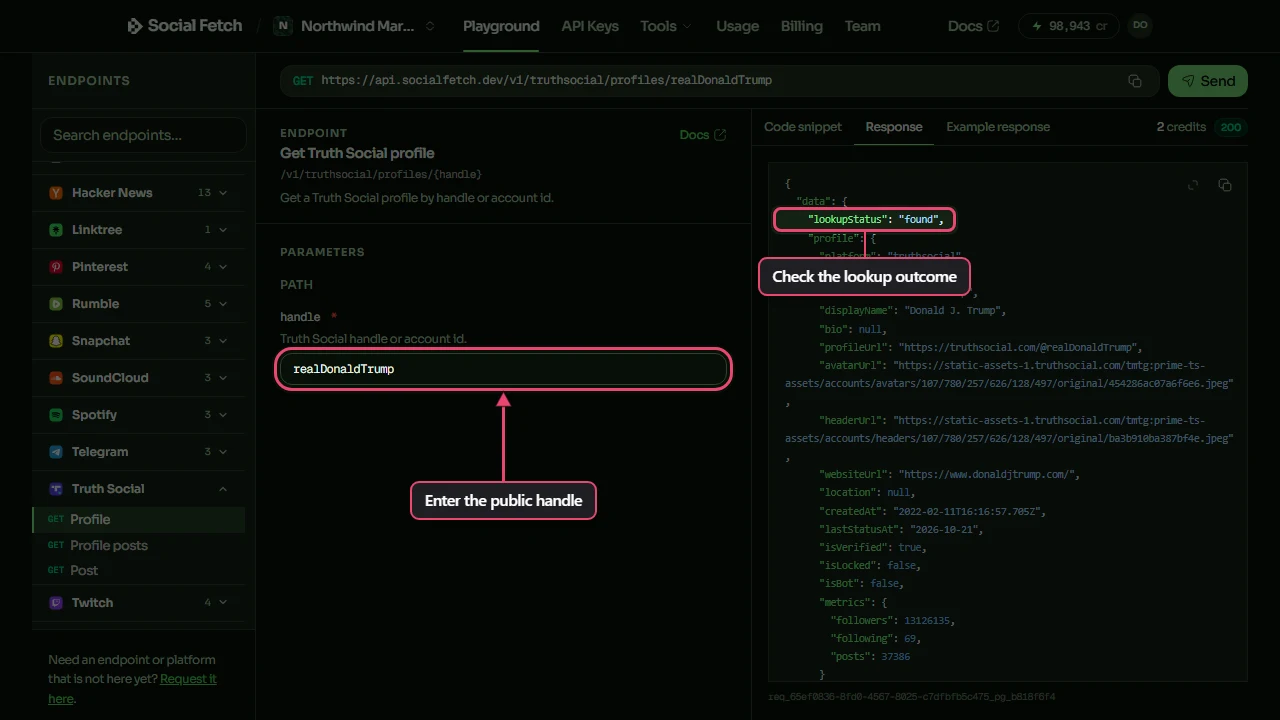 Truth Social profile lookup in the dark Playground, with the public handle and found outcome annotated.
