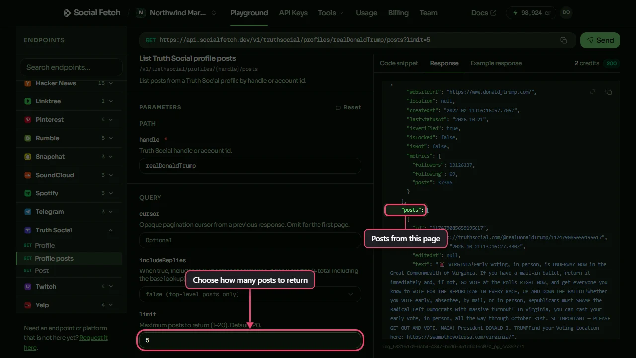Truth Social Profile posts in the Playground, with the limit input and posts response field annotated.