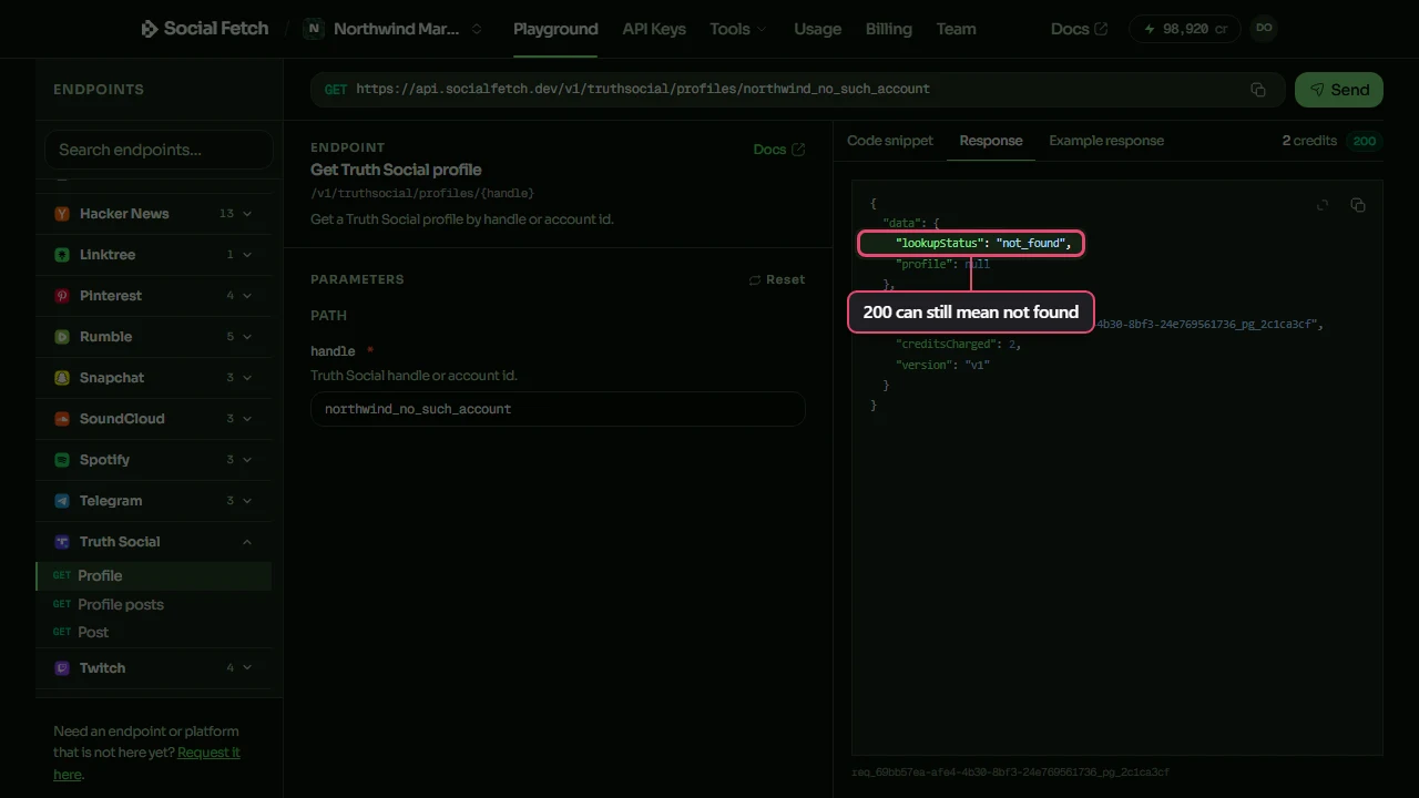 A real missing-handle lookup in the Playground, with lookupStatus not_found annotated despite HTTP 200.