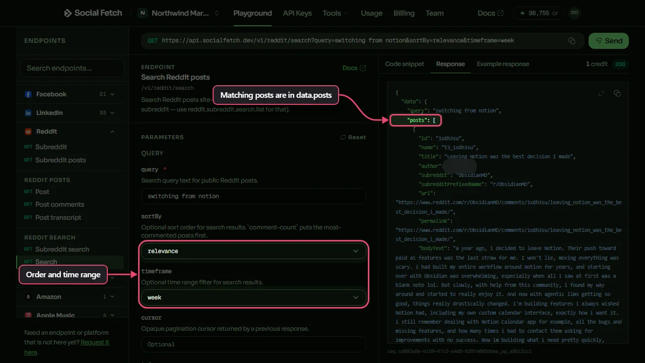 A real Reddit Search response in the Playground, with relevance and week selected and data.posts boxed. The author's username is blurred.