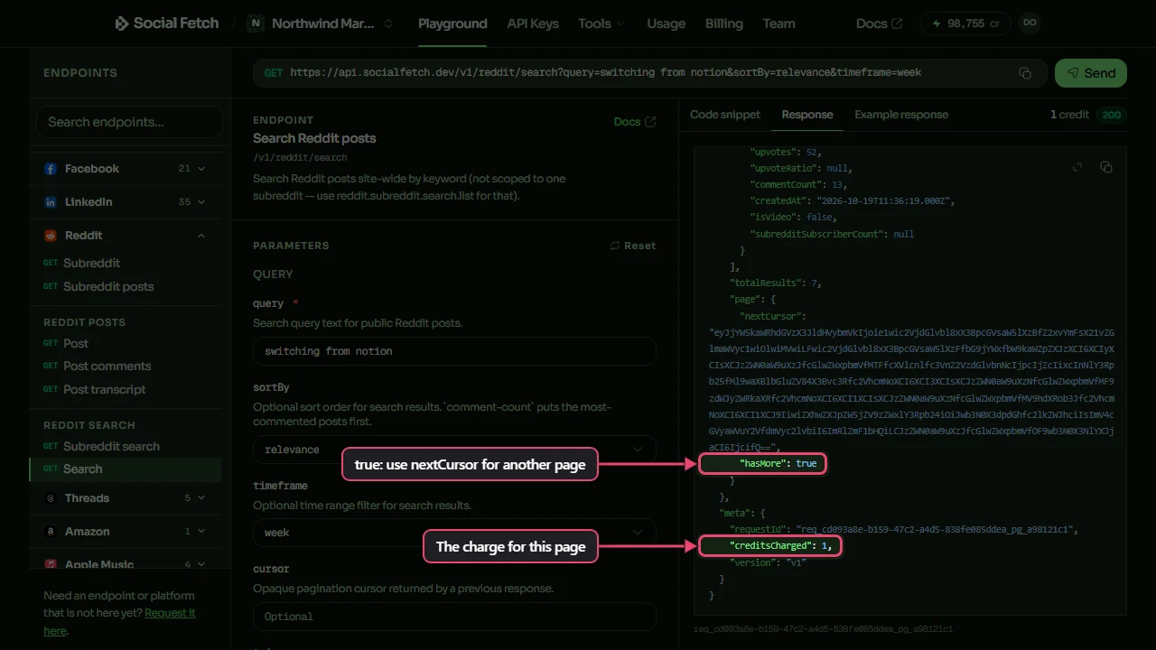 The same real global search response scrolled to its pagination and metadata. hasMore and creditsCharged are boxed.