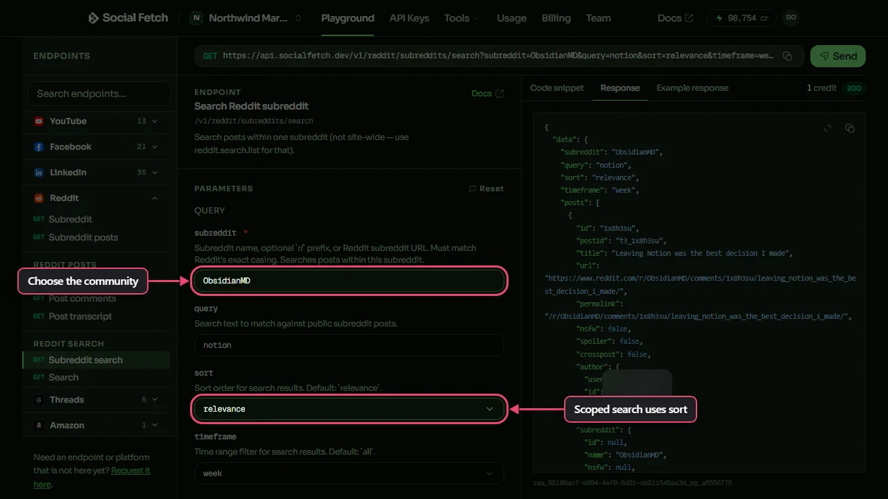 A real Playground search for notion within ObsidianMD. The subreddit input and sort control are boxed; visible private author details are blurred.