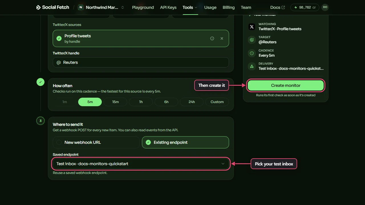 The monitor form with 5m and Existing endpoint selected, the saved docs-monitors-quickstart test inbox and Create monitor button labelled.