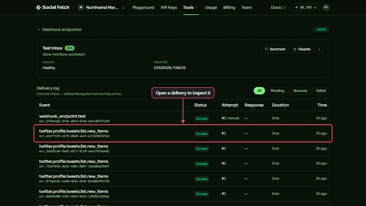 The existing test inbox delivery log with real twitter.profile.tweets.list.new_items deliveries and a callout on the row to open.
