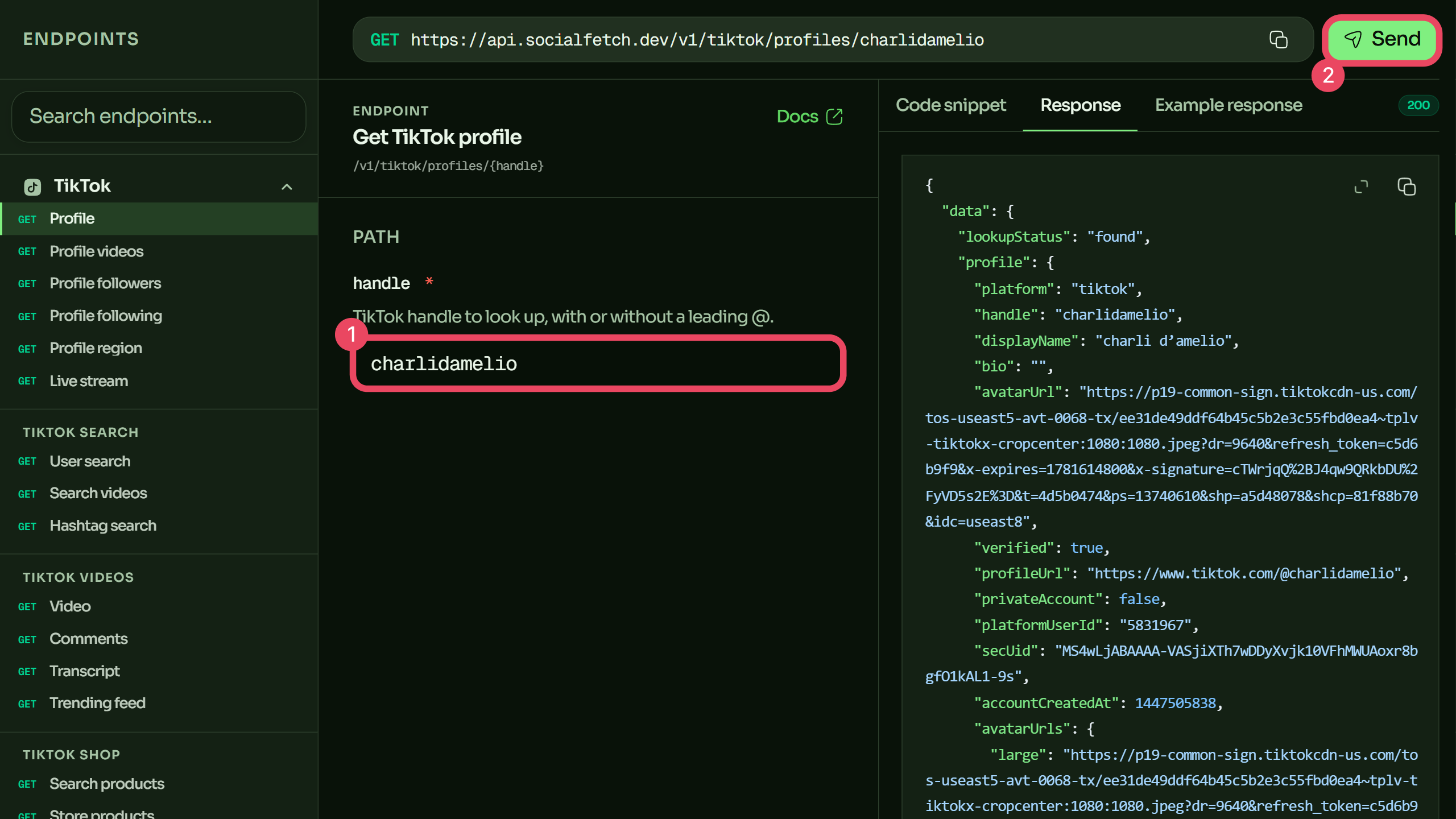 Screenshot of the Social Fetch Playground running a TikTok profile lookup: the profile endpoint and a handle entered on the left, the normalized JSON response on the right. Outline the handle, follower metrics, and lookupStatus fields, and add a numbered 1–2–3 callout tracing endpoint → handle → response.