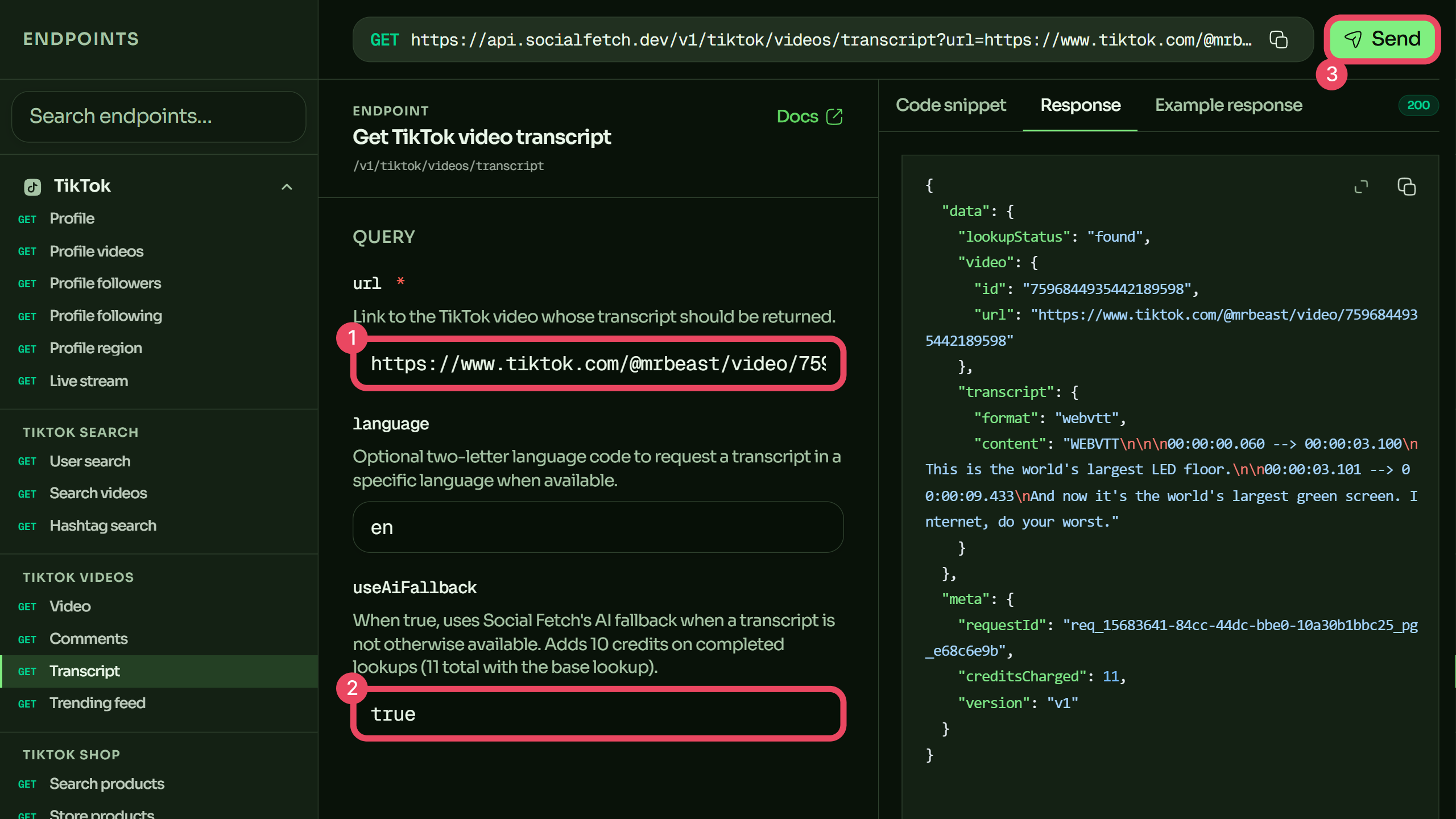 Screenshot of the Playground running a transcript lookup with useAiFallback=true on a video that has no captions: the request panel showing the flag enabled, and the JSON response with transcript content returned. Outline useAiFallback and meta.creditsCharged (11 on a completed AI lookup).