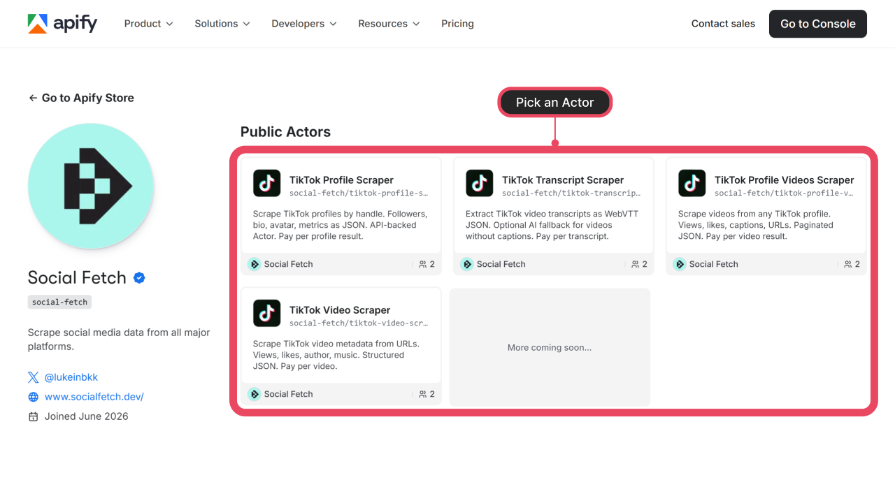 Apify Store @social-fetch page, cropped to the Public Actors section. Pink rounded-rect highlight (n8n style, ~3px stroke) around the actor card grid. Step badge 1 on the highlight corner. Optional callout label: Pick an Actor.
