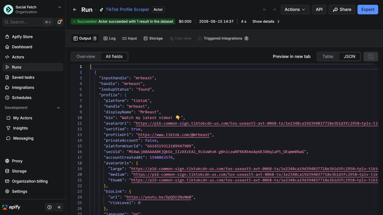 Apify Console Output tab with JSON view, cropped to the result panel. Pink highlight around the dataset JSON row (lookupStatus, profile fields). Step badge 3. Optional callout: One row per lookup.