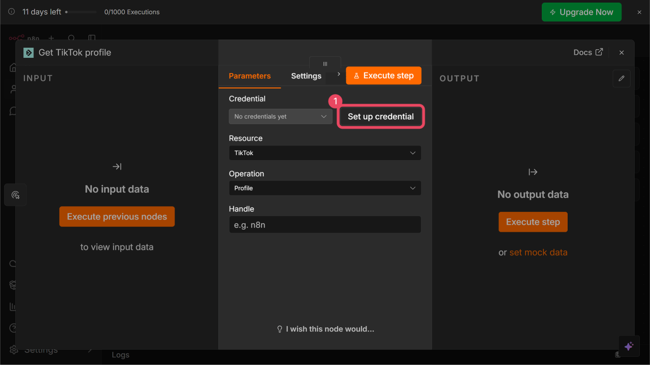 n8n Social Fetch node parameters with the Set up credential button highlighted next to the Credential dropdown