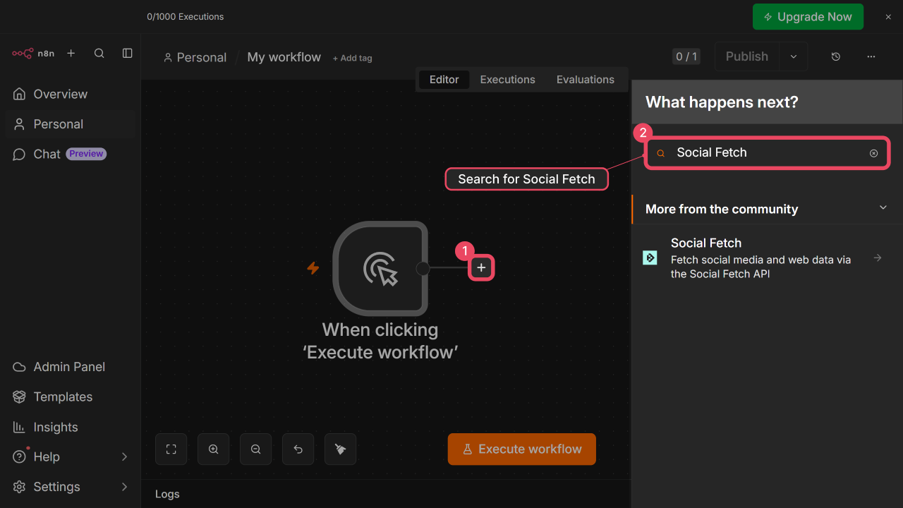 n8n nodes panel with Social Fetch searched, listed under the More from the community section