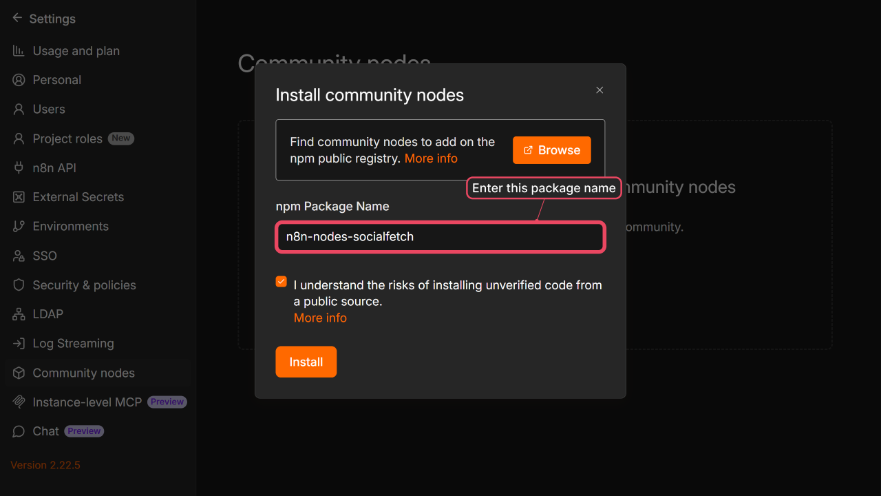 Community node install dialog with package name entered and risk acknowledgement checked