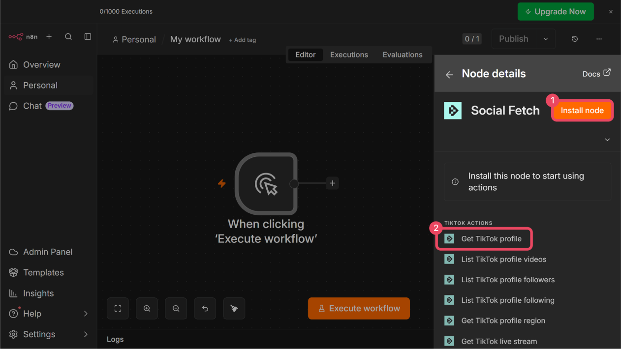 Social Fetch node details page in n8n showing the Install node button and the list of TikTok actions