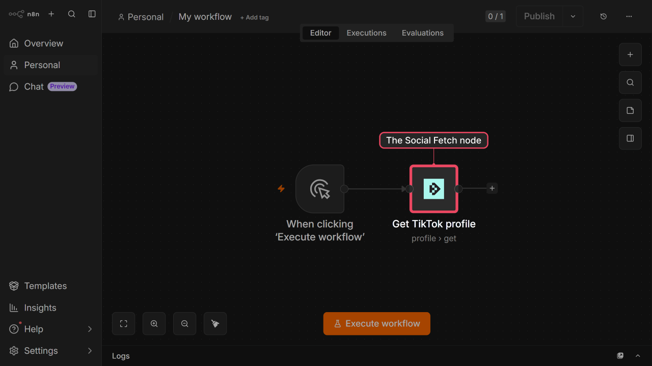 Social Fetch node in the n8n node picker after installation