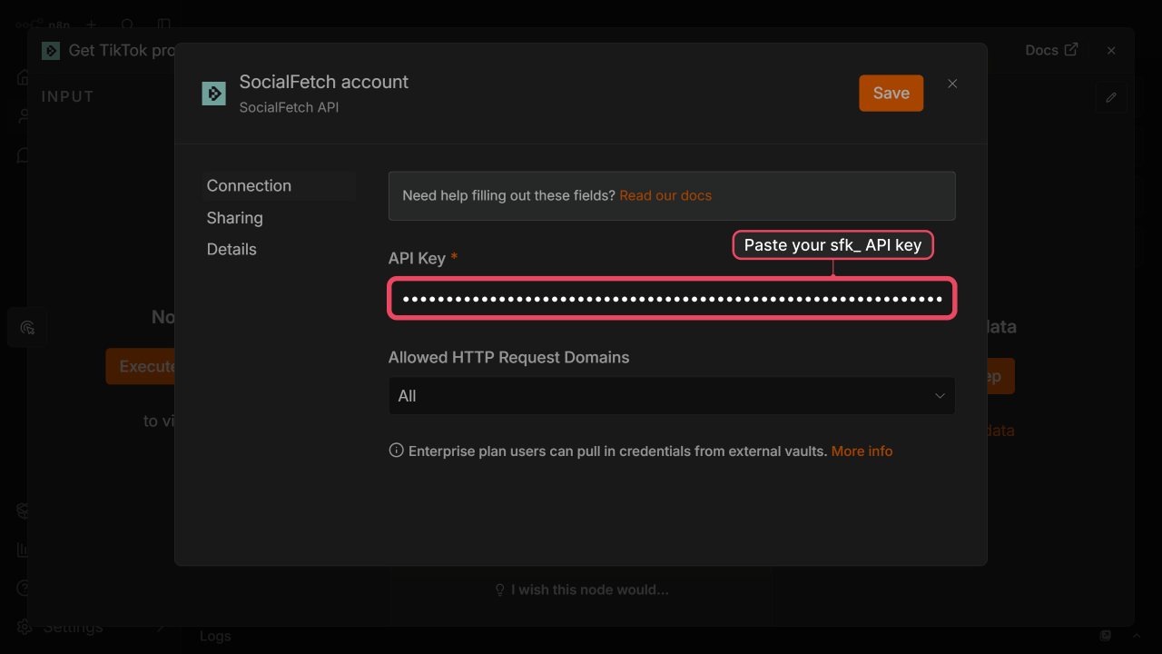 Social Fetch API credential form in n8n with API key field