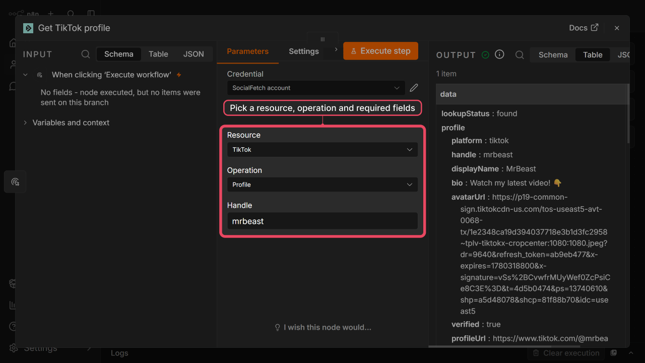 Social Fetch node configured with Resource TikTok and Operation Profile videos
