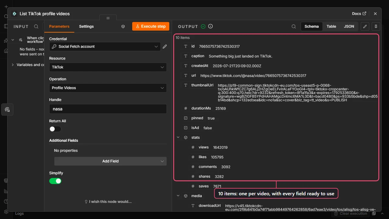 Social Fetch node in n8n listing a TikTok profile's videos with Simplify on: 10 items, with fields such as id, caption, url and stats shown in the Schema view