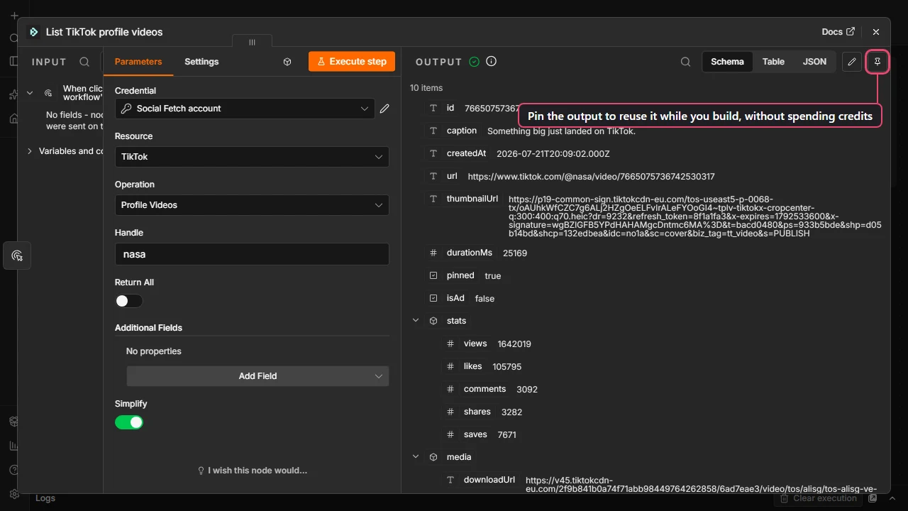 Social Fetch node output panel in n8n with the Pin data button highlighted