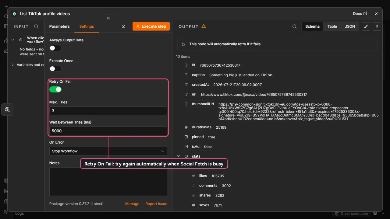 Social Fetch node Settings tab in n8n with Retry On Fail turned on, Max Tries 3 and Wait Between Tries 5000 ms