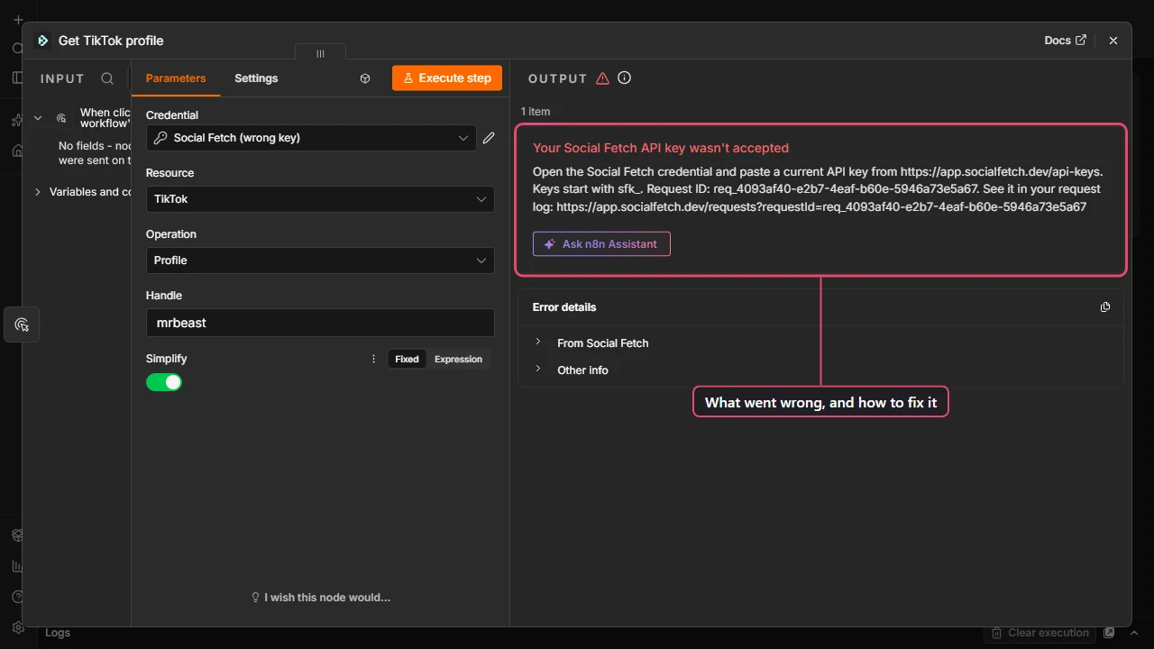 Social Fetch node in n8n showing the error Your Social Fetch API key wasn't accepted, with steps to fix it and a request ID