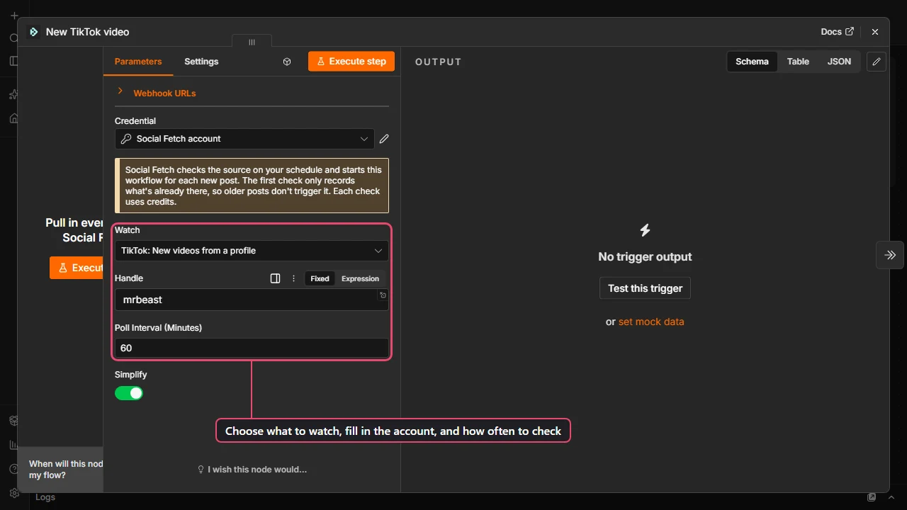 Social Fetch Trigger node in n8n with Watch set to TikTok New videos from a profile, Handle filled in and Poll Interval 60