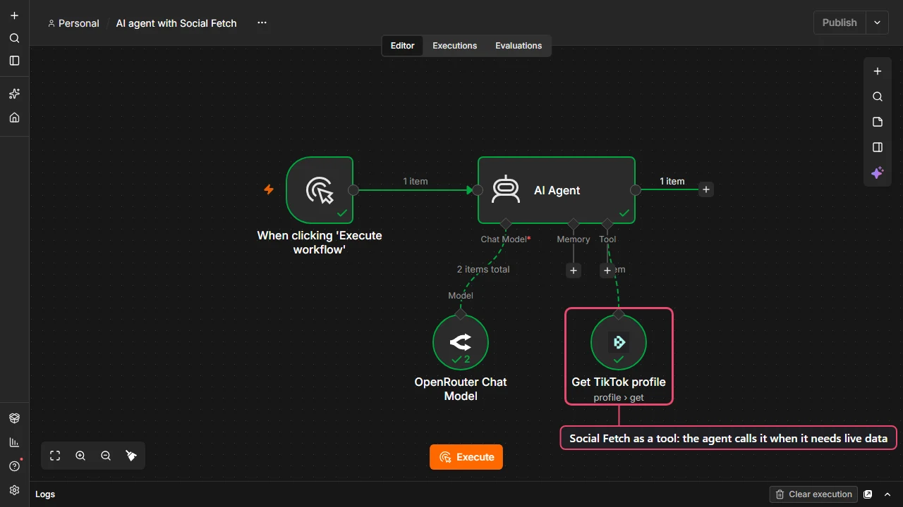 n8n workflow with a manual trigger, an AI Agent node, a chat model and a Social Fetch Get TikTok profile tool connected to the agent's Tool input