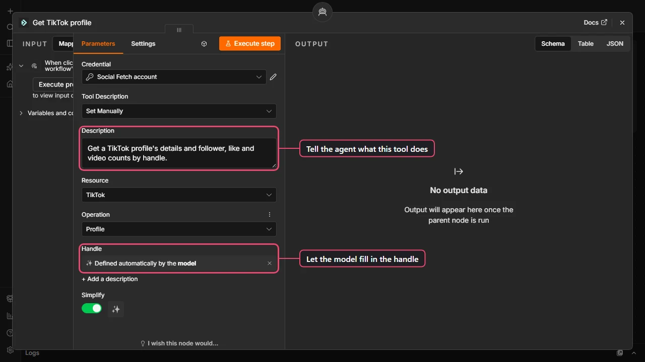 Social Fetch tool node in n8n with a manual tool description and the Handle field set to Defined automatically by the model