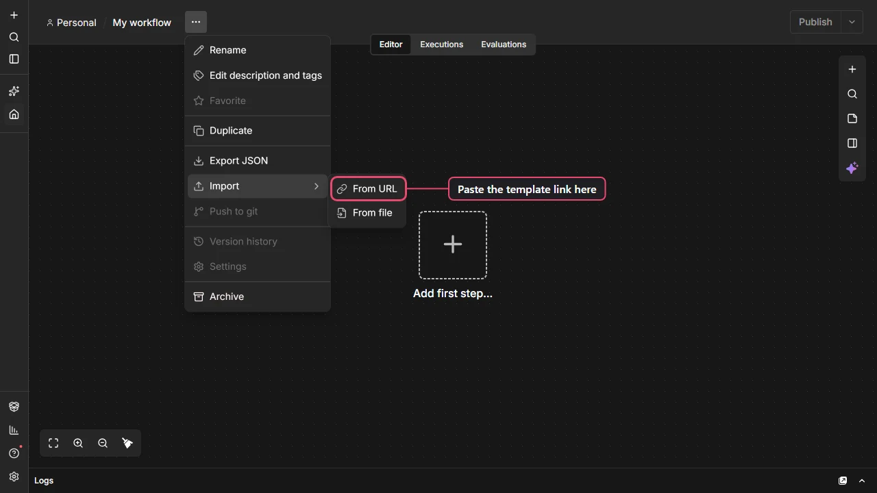 n8n workflow menu open with Import expanded and From URL highlighted
