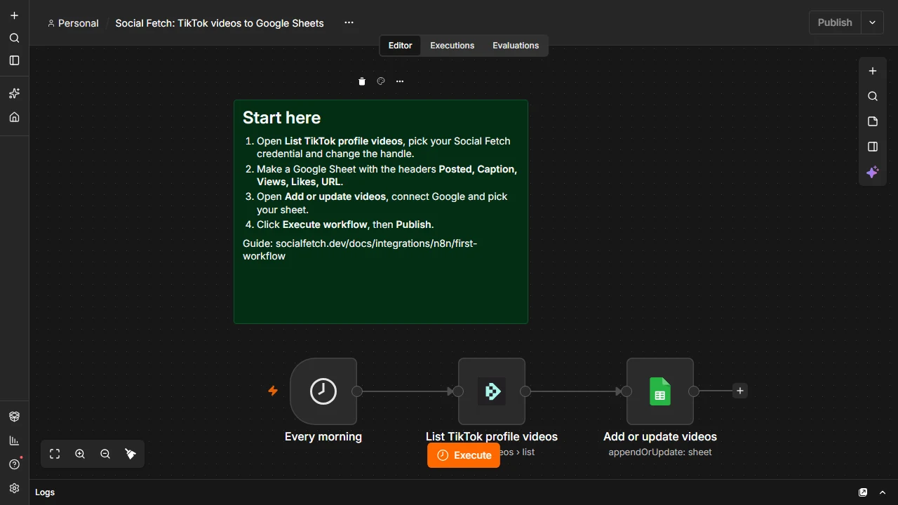 Imported TikTok videos to Google Sheets template in n8n with its Start here note and three nodes