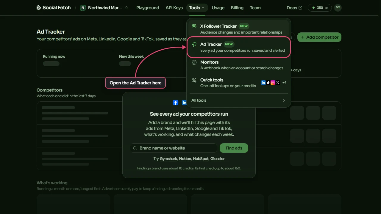 Social Fetch app with the Tools menu open and Ad Tracker highlighted, labelled Open the Ad Tracker here